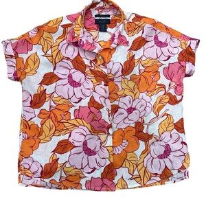 RACHEL ROY Size XS Floral Blouse Pink, Orange, White | 100% Linen | Shirt Collar